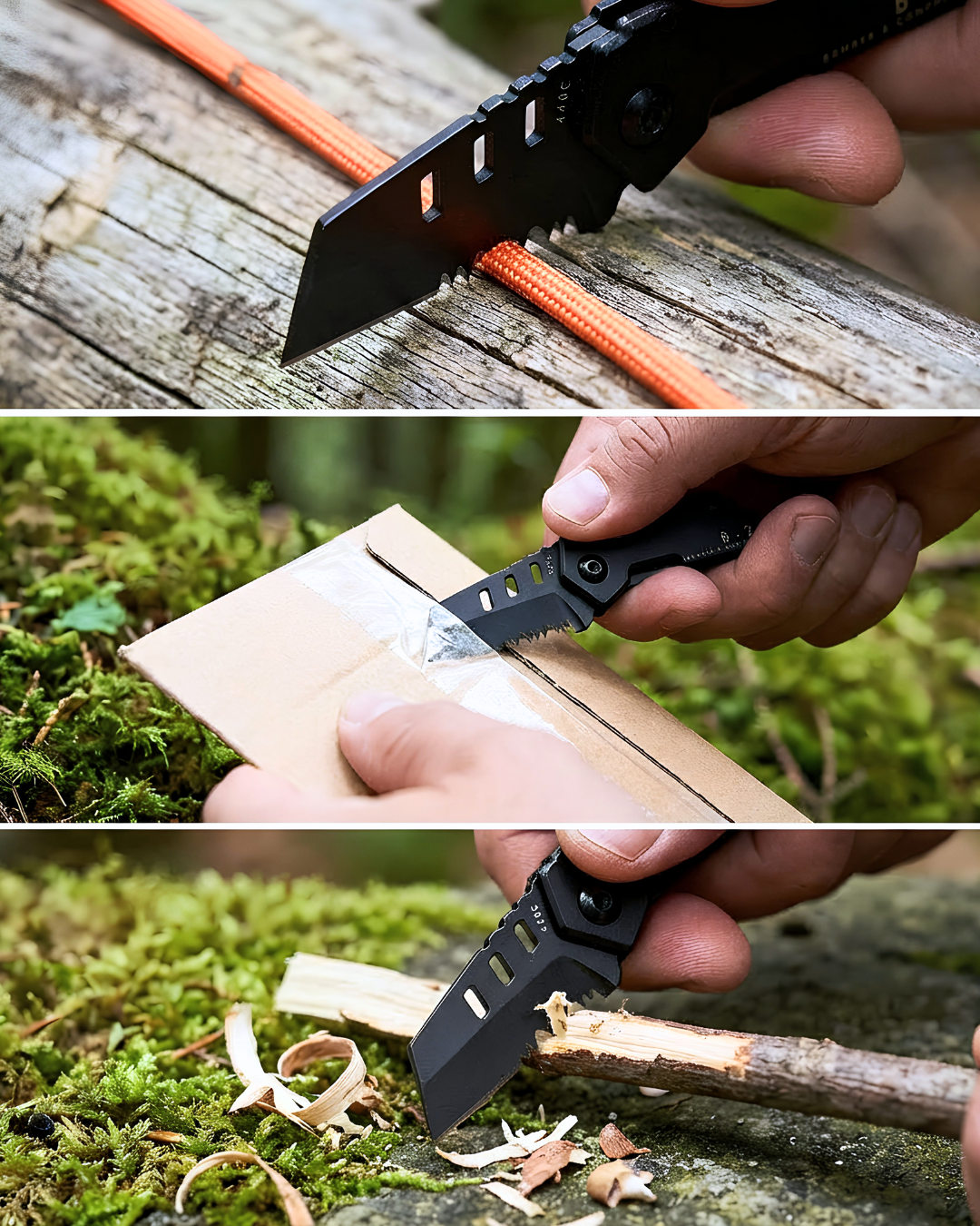 Multitool knife being used for various tasks including cutting rope, wood, and stone.- B-2 Nano Blade by Bomber and Company. www.bomberco.com