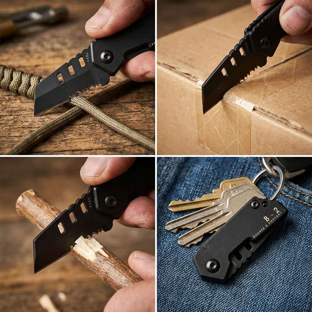 Collage of a multi-tool knife being used on various tasks including cutting cardboard, wood, and as a keychain tool. - B-2 Nano Blade by Bomber and Company. www.bomberco.com