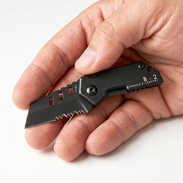 Hand holding a black folding knife - B-2 Nano Blade by Bomber and Company. www.bomberco.com