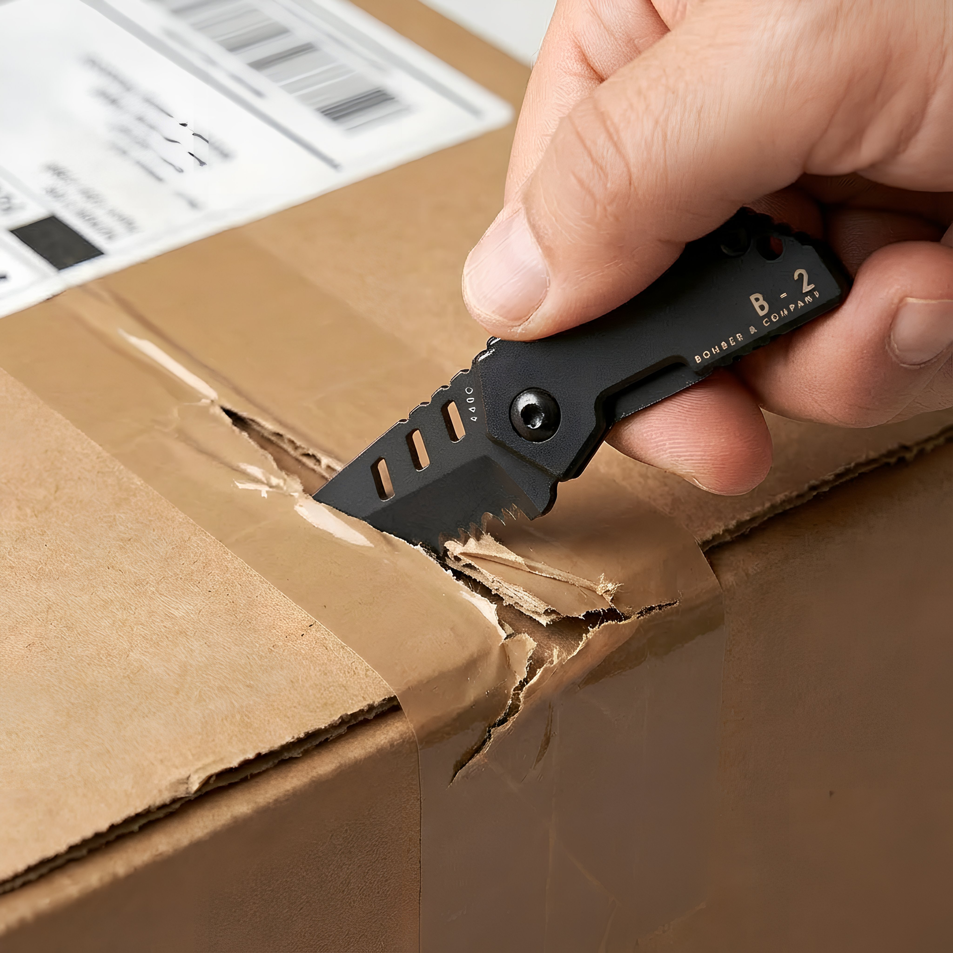Person using a black folding knife to cut open a cardboard box - B-2 Nano Blade by Bomber and Company. www.bomberco.com