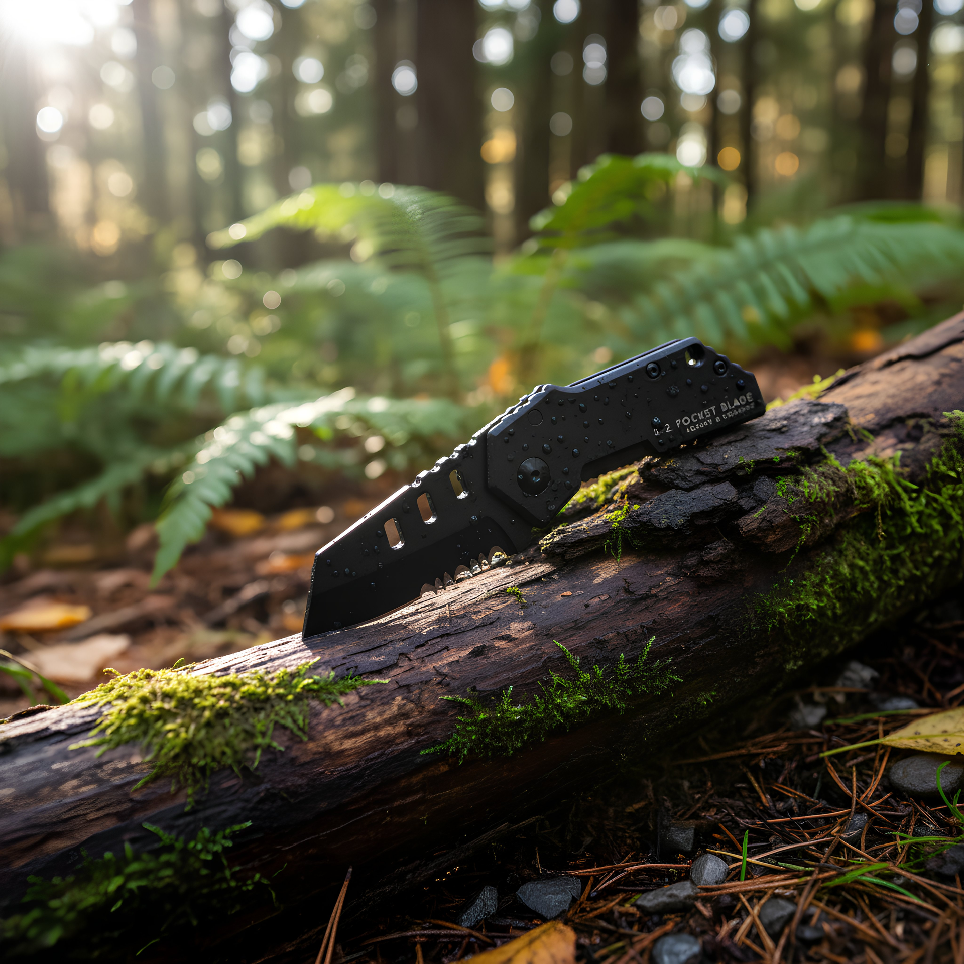 Black pocket knife on a mossy log in a forest setting